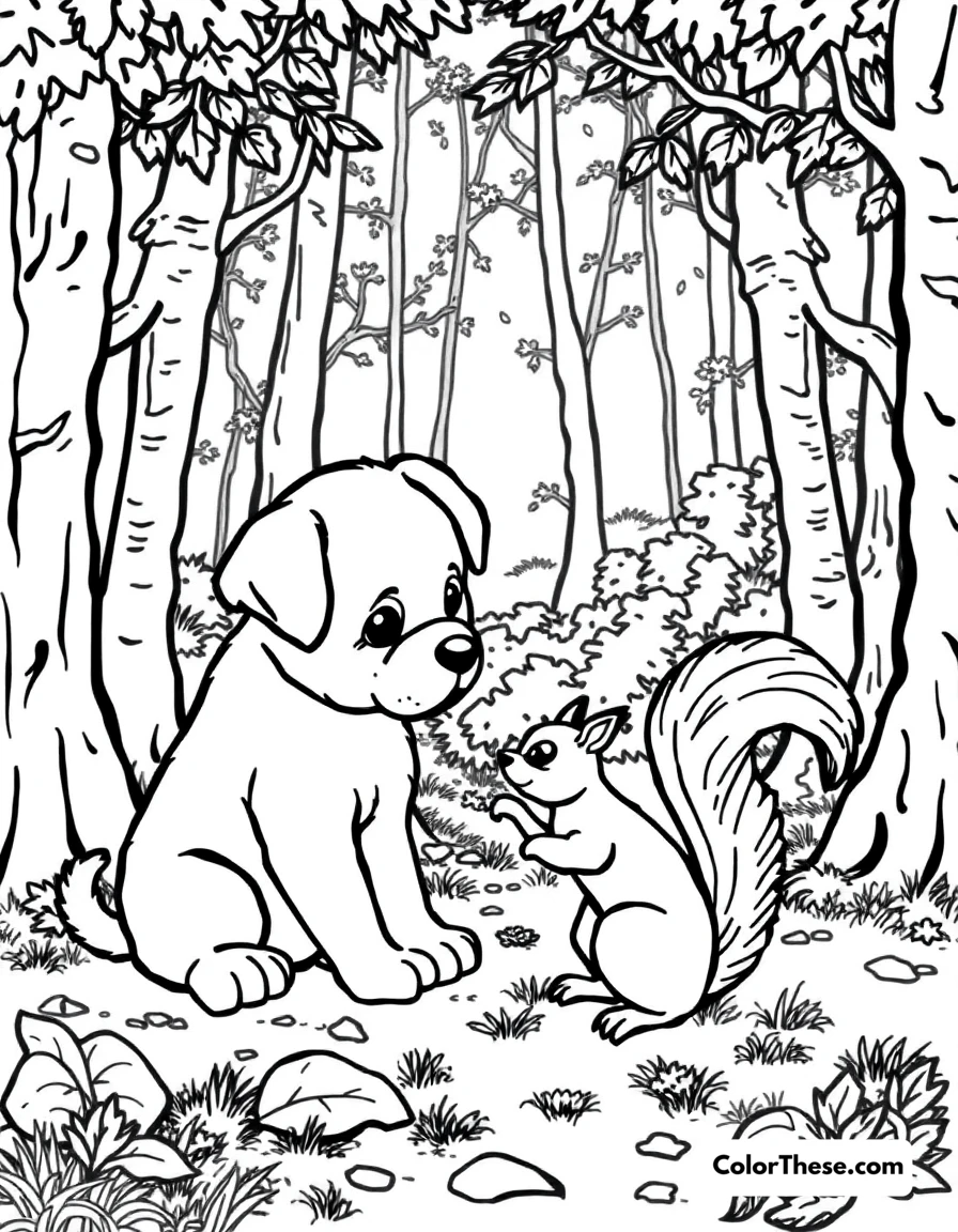 Free printable puppy with a squirrel friend coloring page for kids and adults. A puppy playing with a squirrel in the forest.
