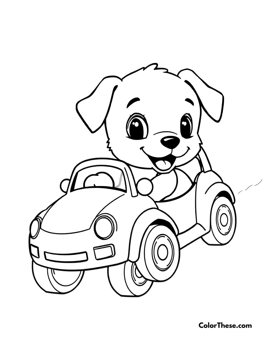 Free printable puppy with a toy car coloring page for kids and adults. A playful puppy pushing a toy car.