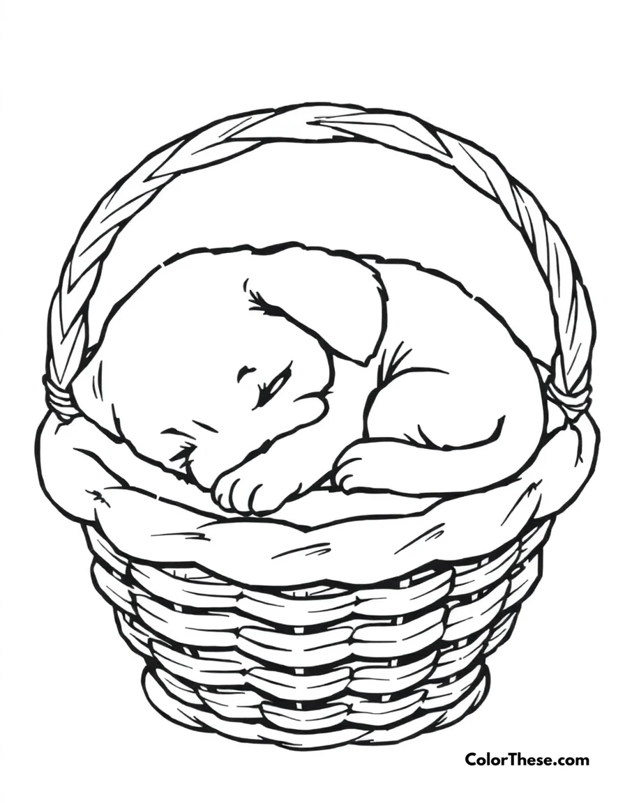 Free printable sleepy puppy in a basket coloring page for kids and adults. A sleepy puppy curled up in a cozy basket.