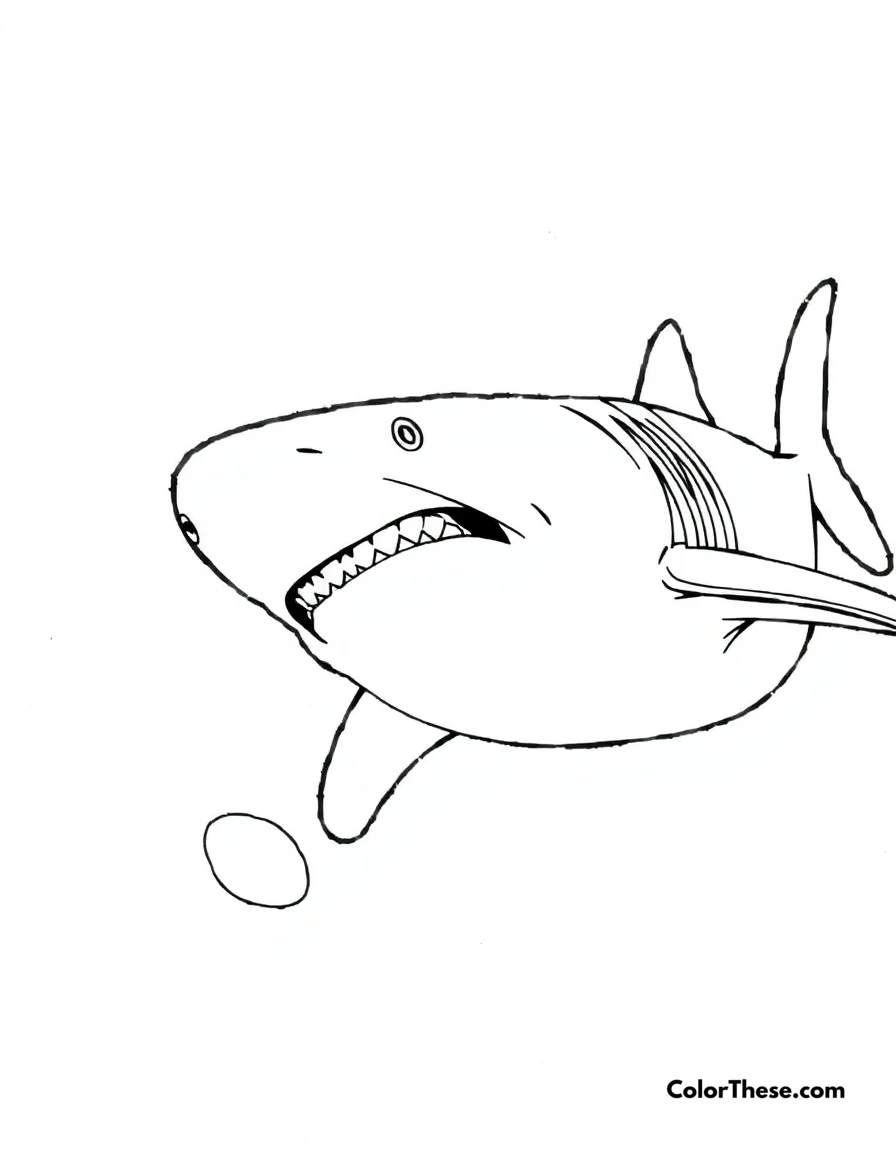 Free printable basking shark coloring page for kids and adults. A basking shark with its mouth open, feeding on plankton.