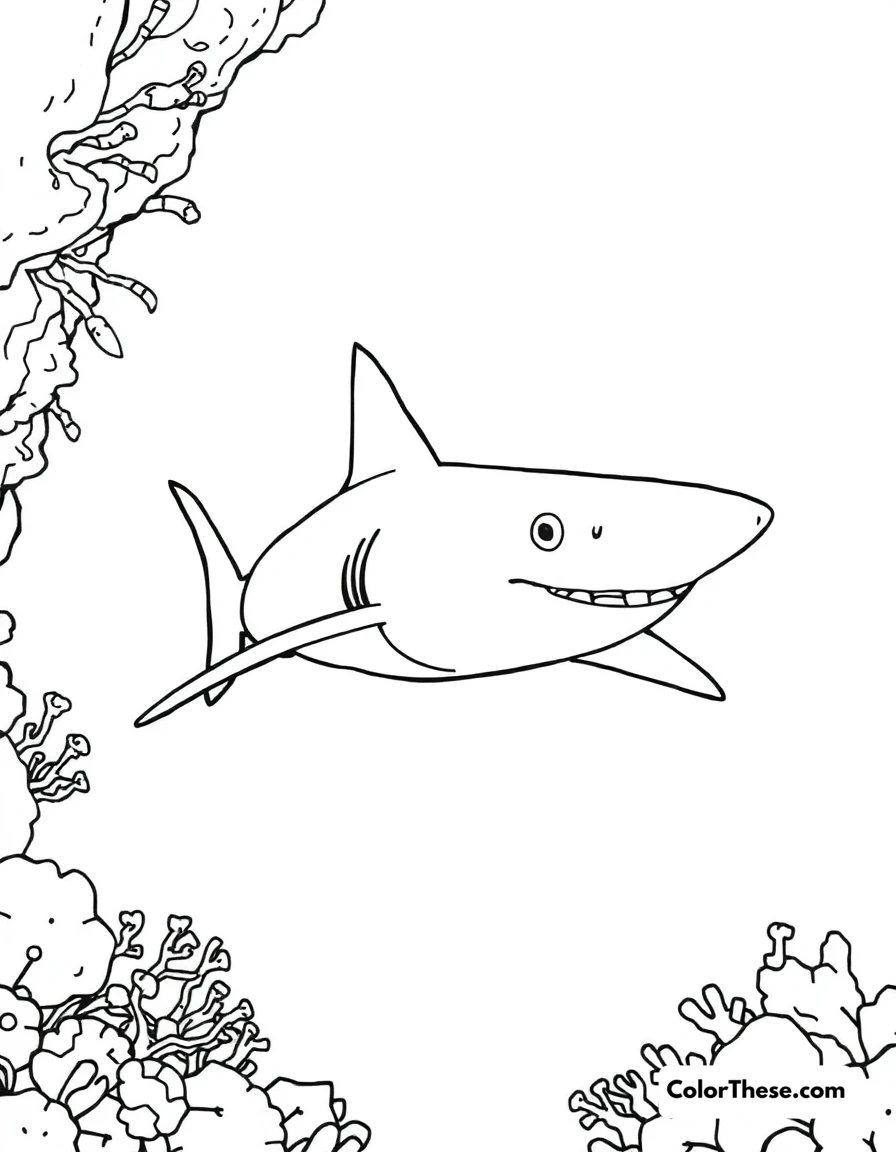 Free printable blacktip reef shark coloring page for kids and adults. A blacktip reef shark swimming near a coral reef.