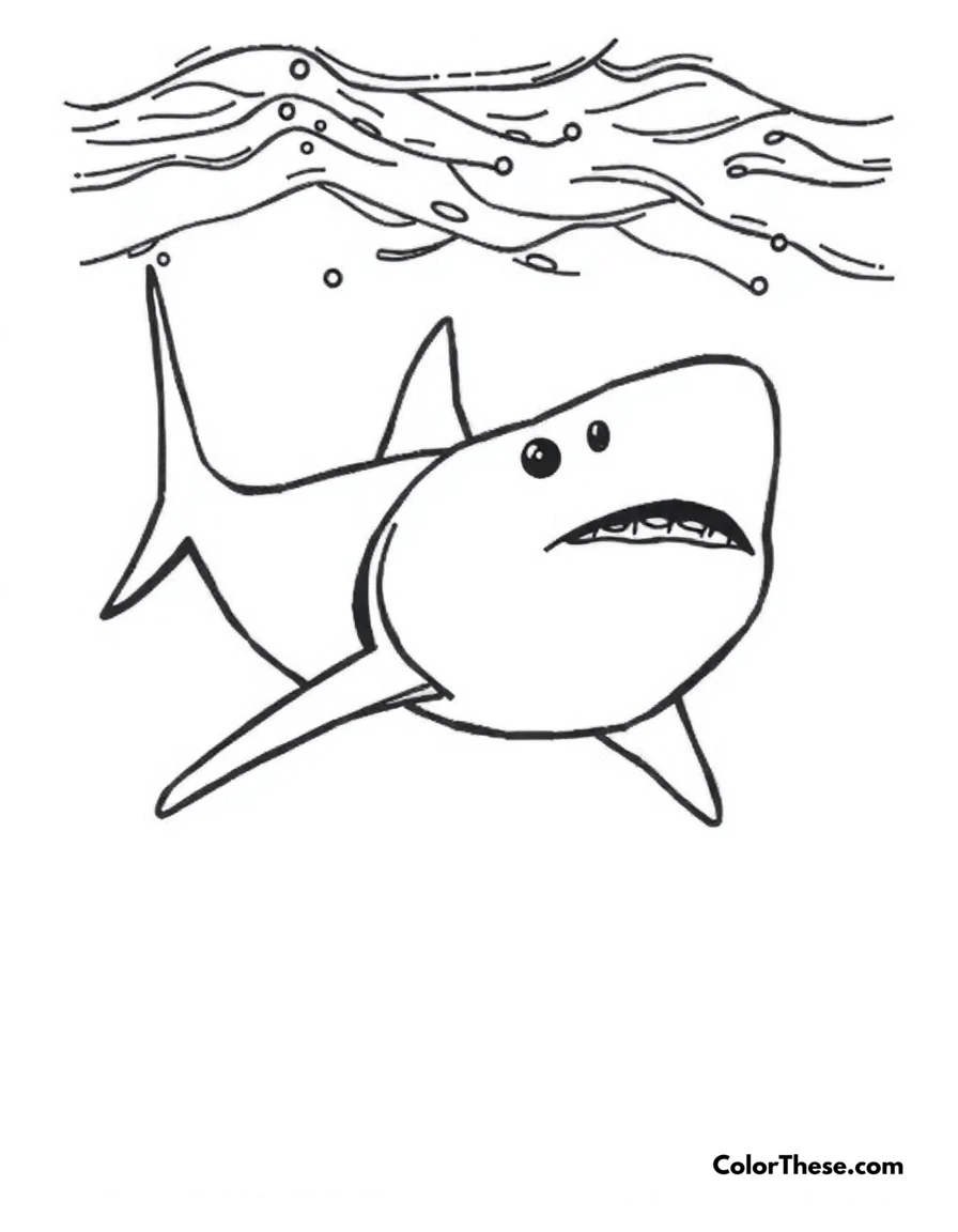 Free printable blue shark coloring page for kids and adults. A blue shark swimming in deep ocean waters.