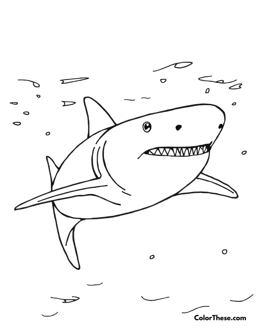 Free printable bull shark coloring page for kids and adults. A bull shark swimming in murky waters.