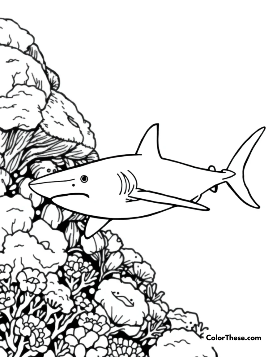 Free printable hammerhead shark coloring page for kids and adults. A hammerhead shark swimming near a coral reef.