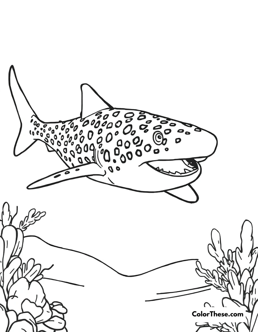 Free printable leopard shark coloring page for kids and adults. A leopard shark swimming near a sandy ocean floor.