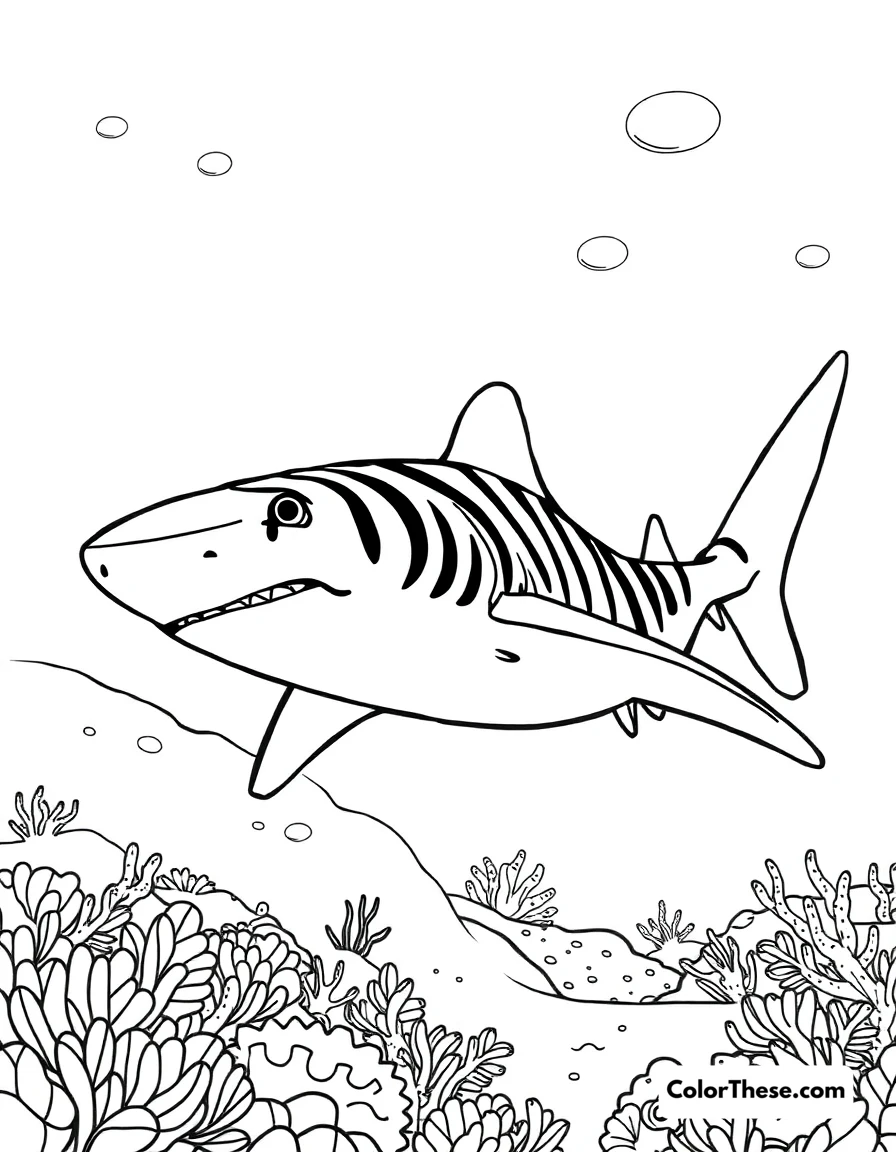 Free printable sand tiger shark coloring page for kids and adults. A sand tiger shark swimming near the ocean floor.