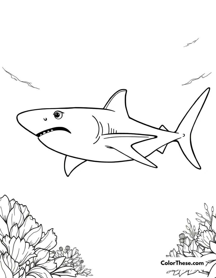 Free printable thresher shark coloring page for kids and adults. A thresher shark with its long tail swimming in the ocean.