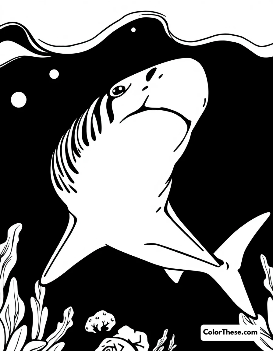 Free printable tiger shark coloring page for kids and adults. A tiger shark swimming in deep ocean waters.