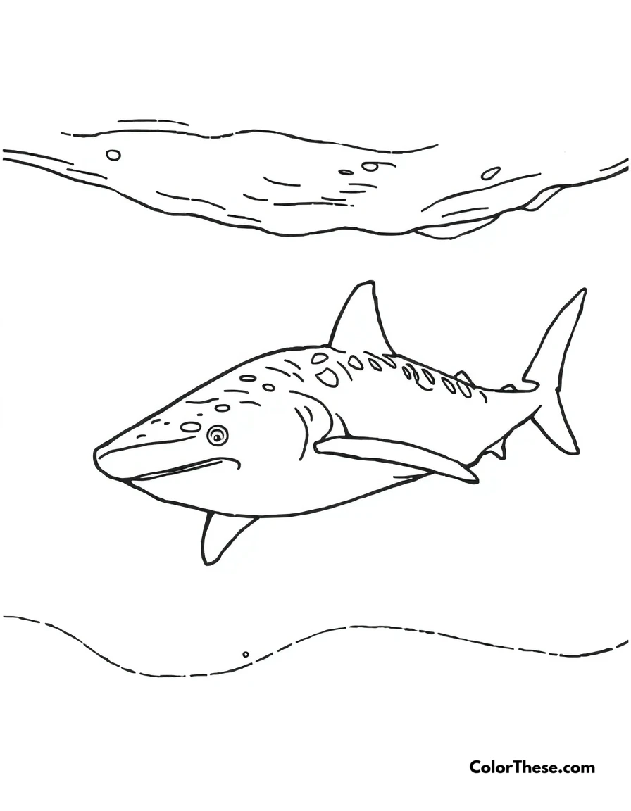 Free printable whale shark coloring page for kids and adults. A whale shark swimming peacefully in the ocean.