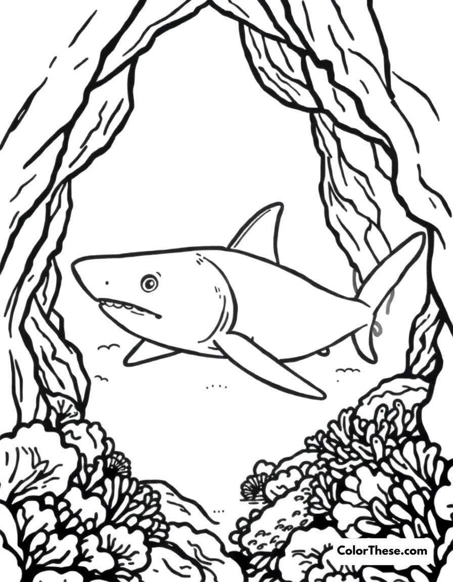 Free printable whitetip reef shark coloring page for kids and adults. A whitetip reef shark resting in a coral cave.