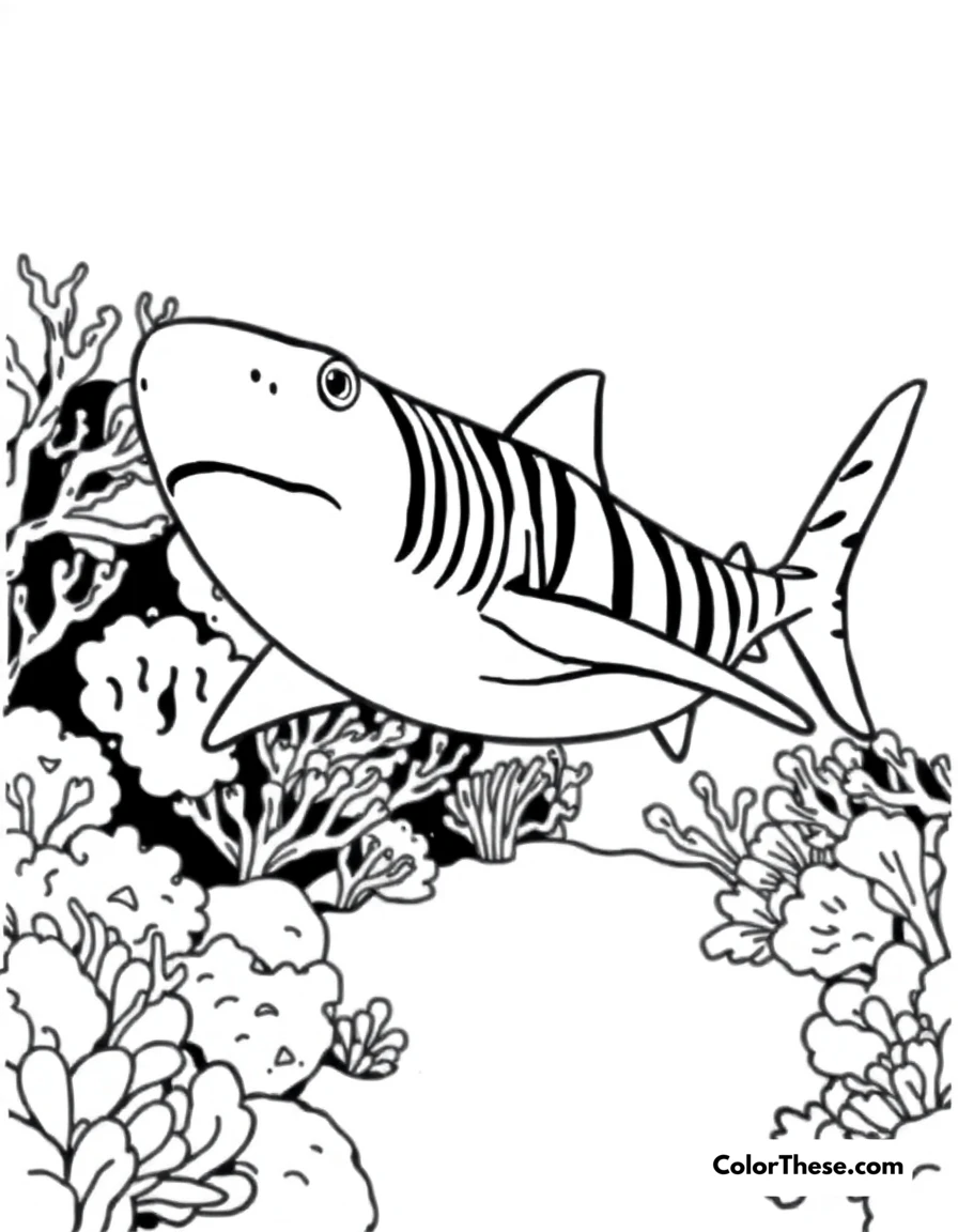 Free printable zebra shark coloring page for kids and adults. A zebra shark swimming near a coral reef.
