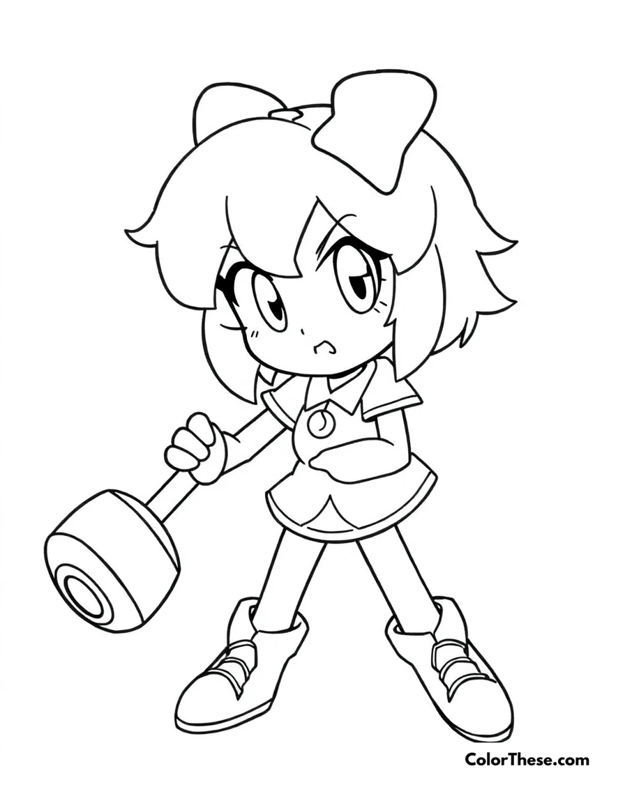 Free printable amy with her hammer coloring page for kids and adults. Amy Rose holding her Piko Piko Hammer with a determined look.