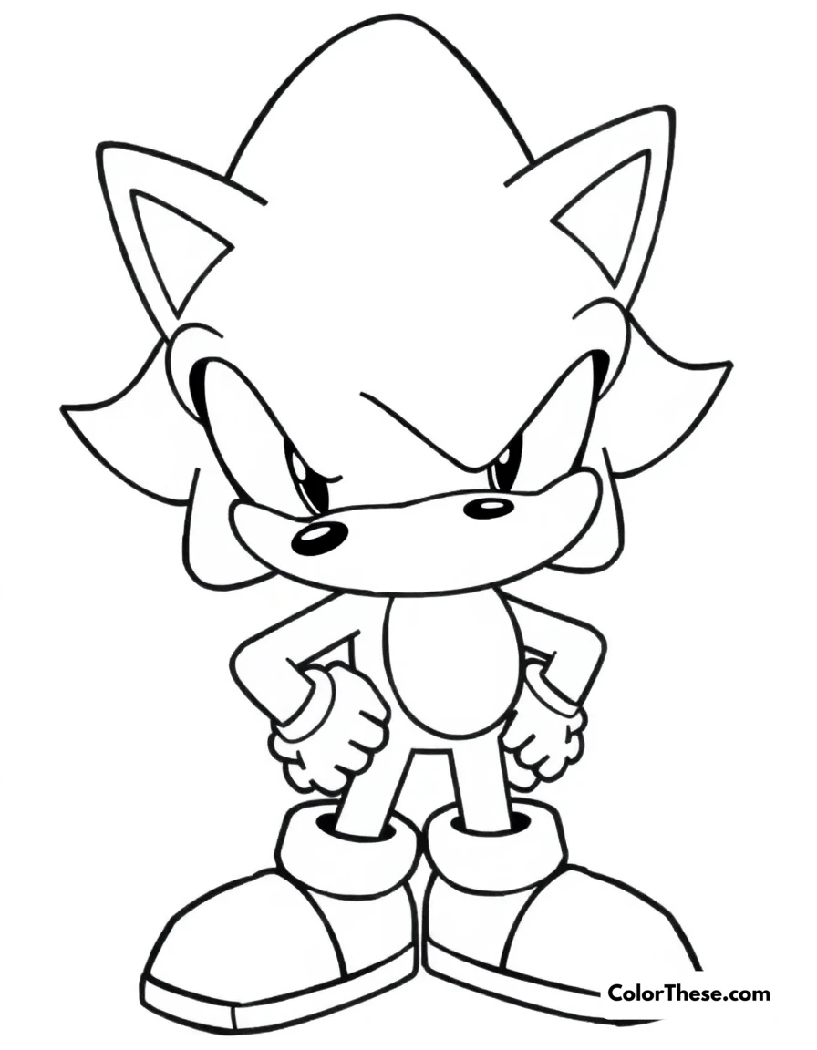 Free printable shadow the hedgehog coloring page for kids and adults. Shadow the Hedgehog standing with a serious expression.