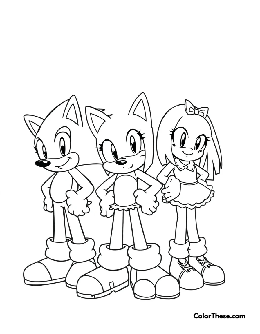 Free printable sonic and friends coloring page for kids and adults. Sonic, Tails, Knuckles, and Amy standing together.
