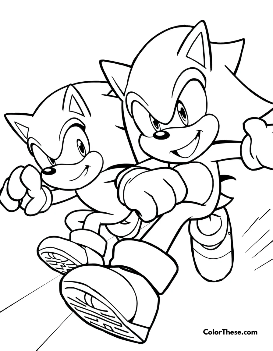 Free printable sonic and knuckles competing coloring page for kids and adults. Sonic and Knuckles racing each other with determined expressions.