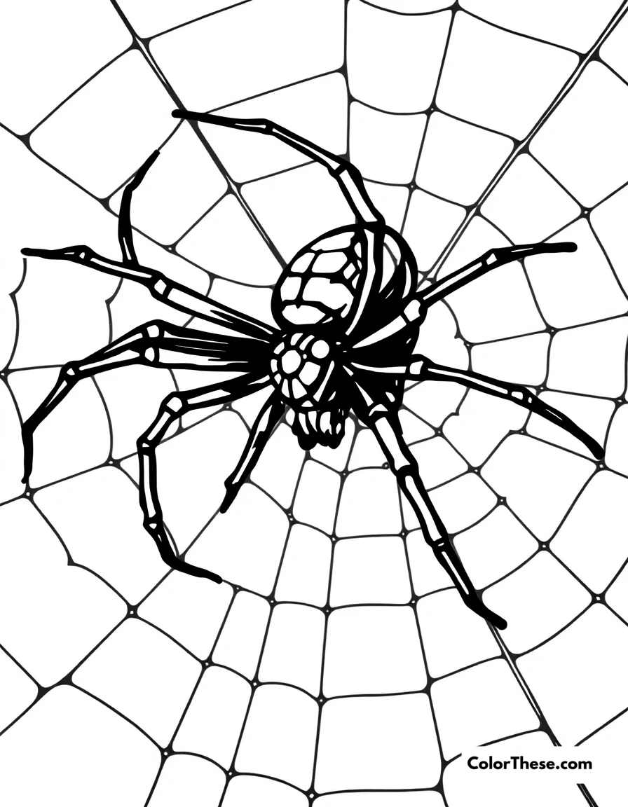 Free printable black widow spider coloring page for kids and adults. A black widow spider on its web.