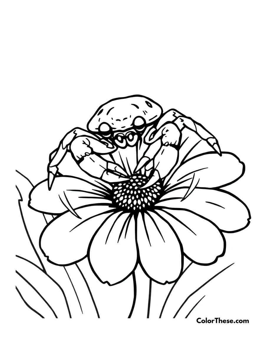 Free printable crab spider on a flower coloring page for kids and adults. A crab spider camouflaged on a flower.
