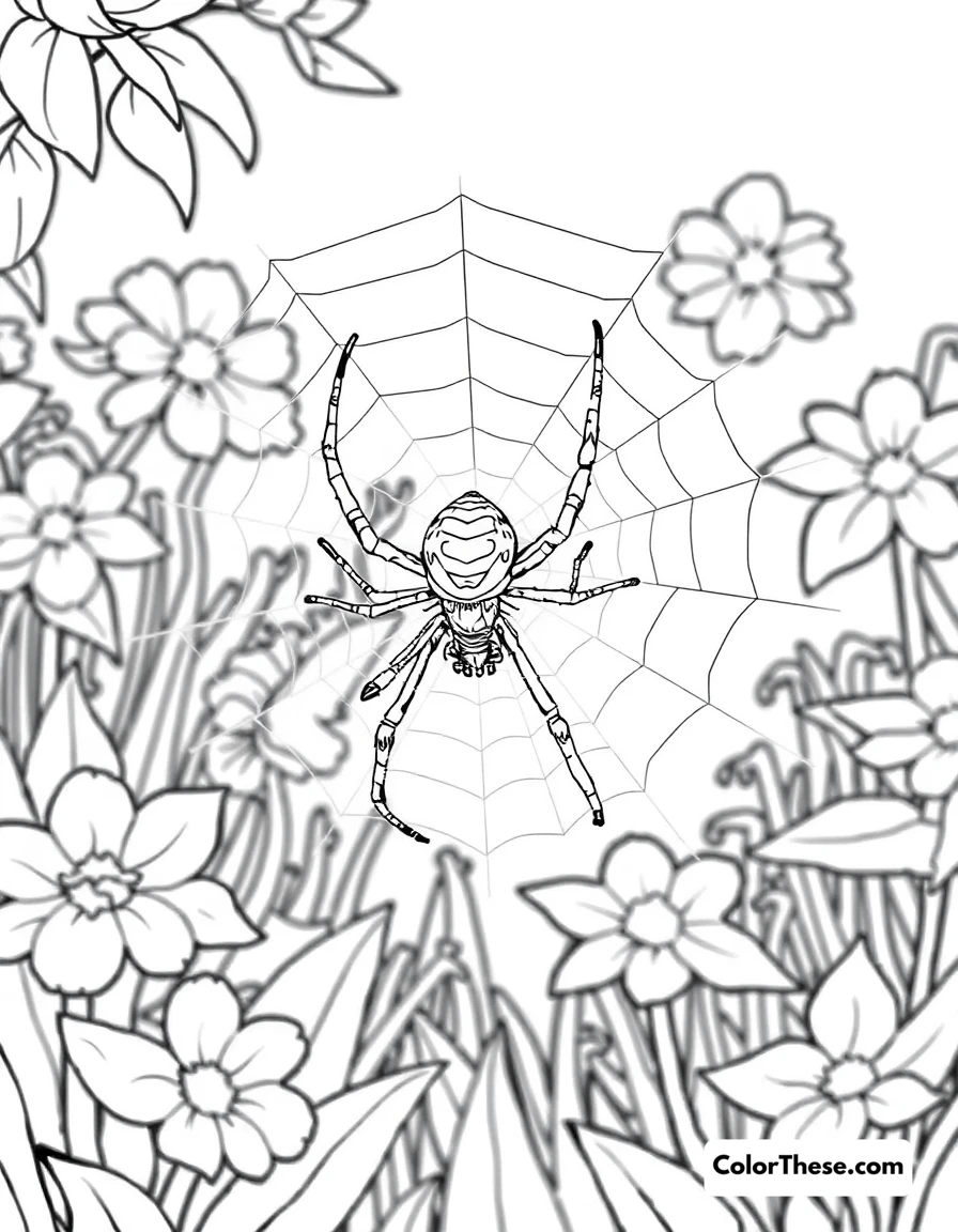 Free printable garden spider on its web coloring page for kids and adults. A garden spider sitting on its web in a garden.