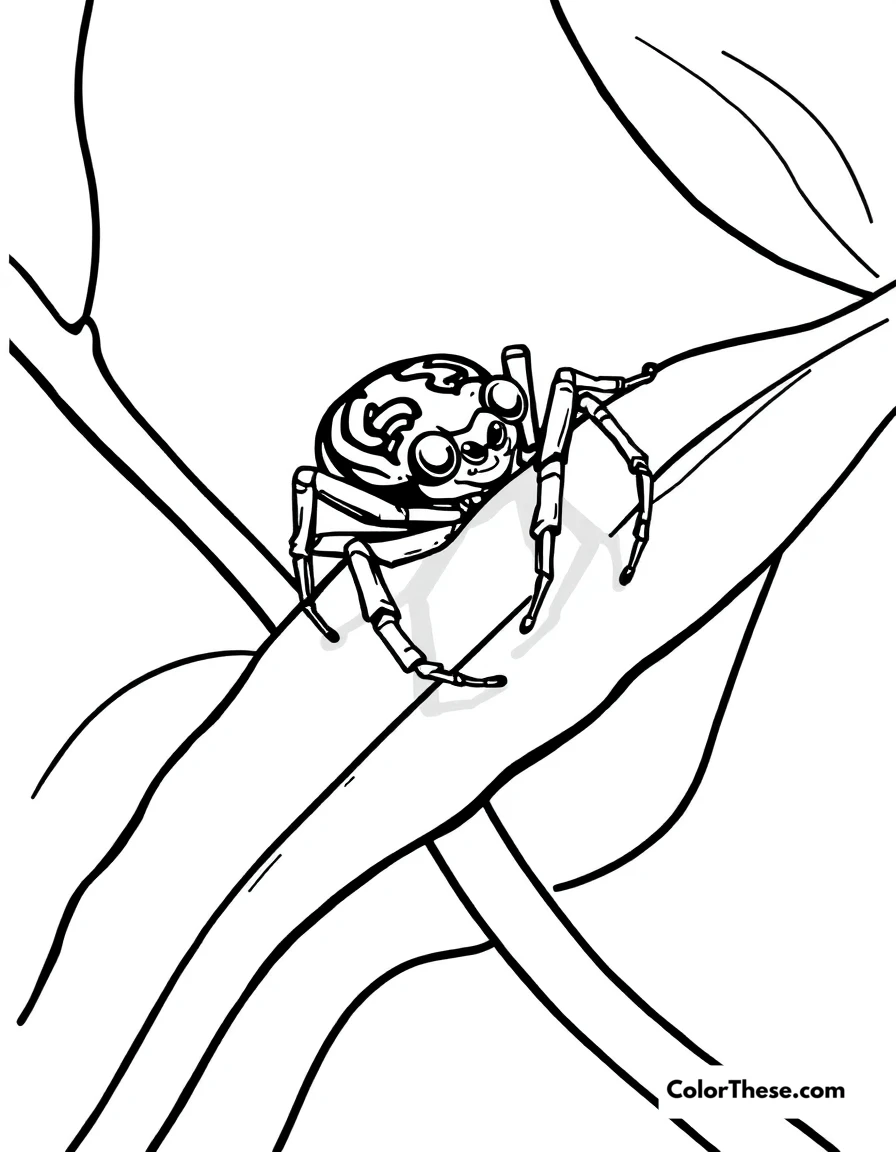 Free printable jumping spider on a leaf coloring page for kids and adults. A jumping spider perched on a green leaf.