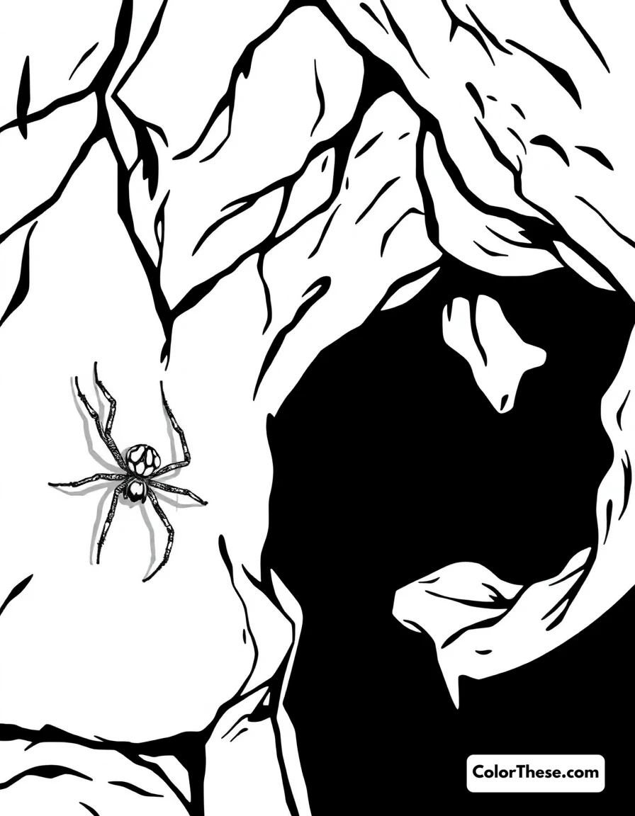 Free printable spider in a cave coloring page for kids and adults. A spider crawling on the wall of a dark cave.