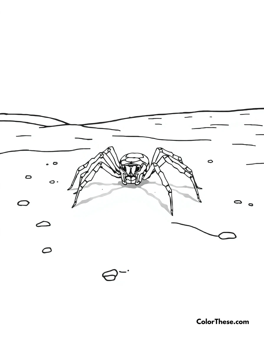 Free printable spider in a desert coloring page for kids and adults. A spider crawling on the sandy desert floor.