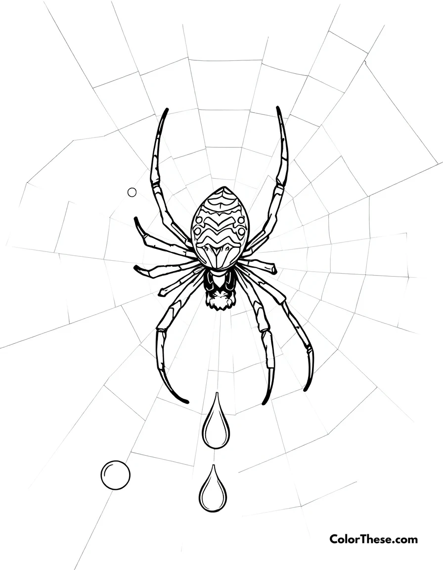 Free printable spider with dewdrops on its web coloring page for kids and adults. A spider on its web with glistening dewdrops.