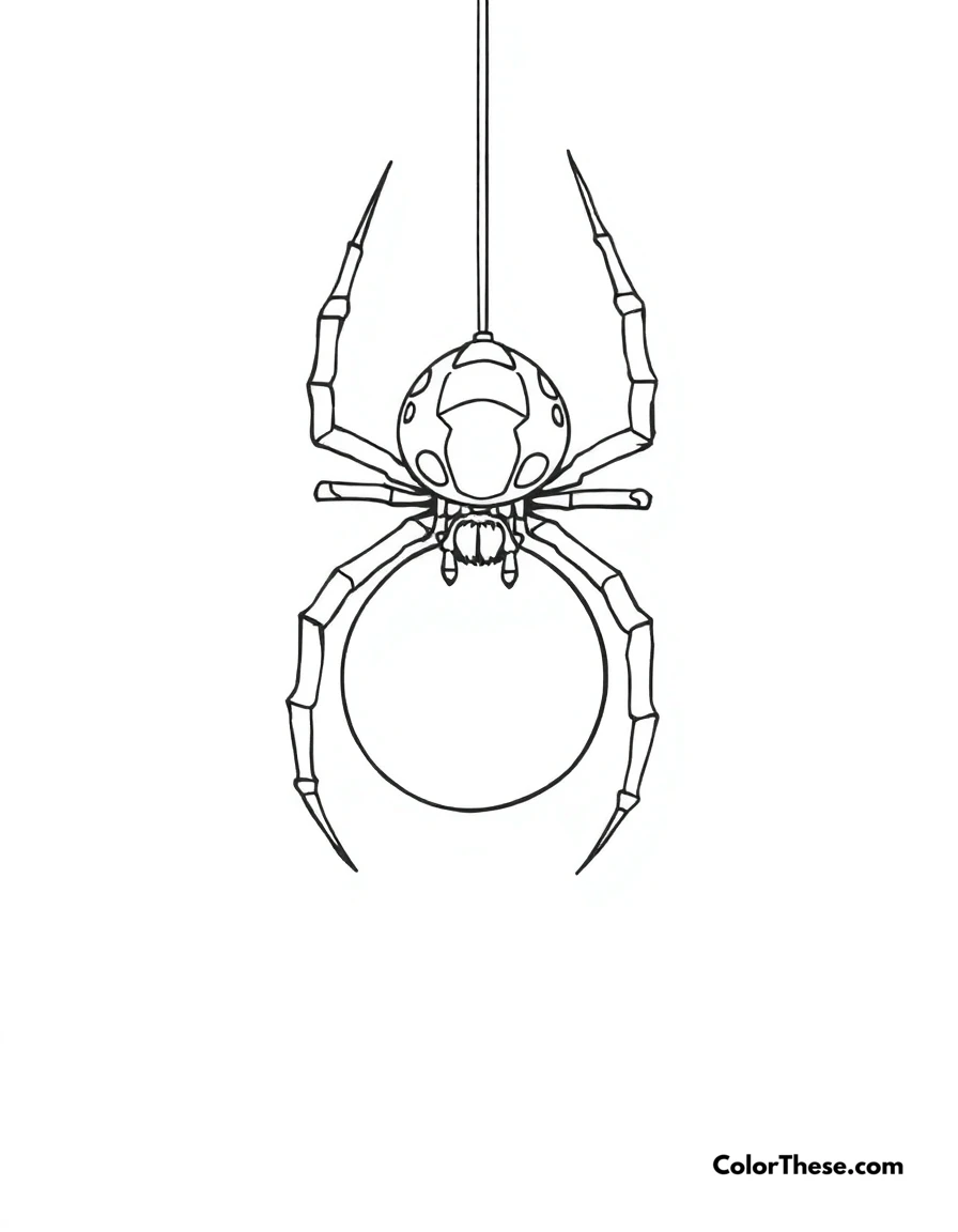 Free printable spider with its egg sac coloring page for kids and adults. A spider guarding its egg sac on a web.