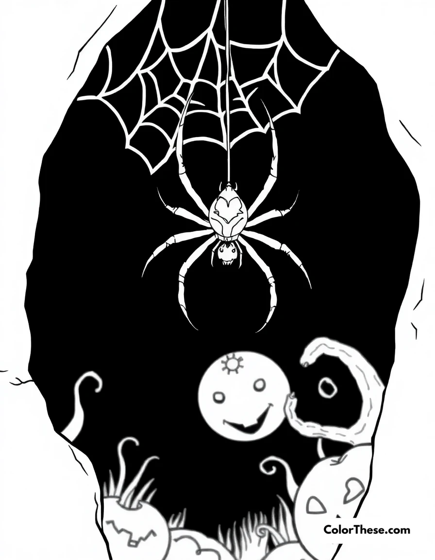Free printable spider in a halloween scene coloring page for kids and adults. A spider hanging from its web in a spooky Halloween setting.