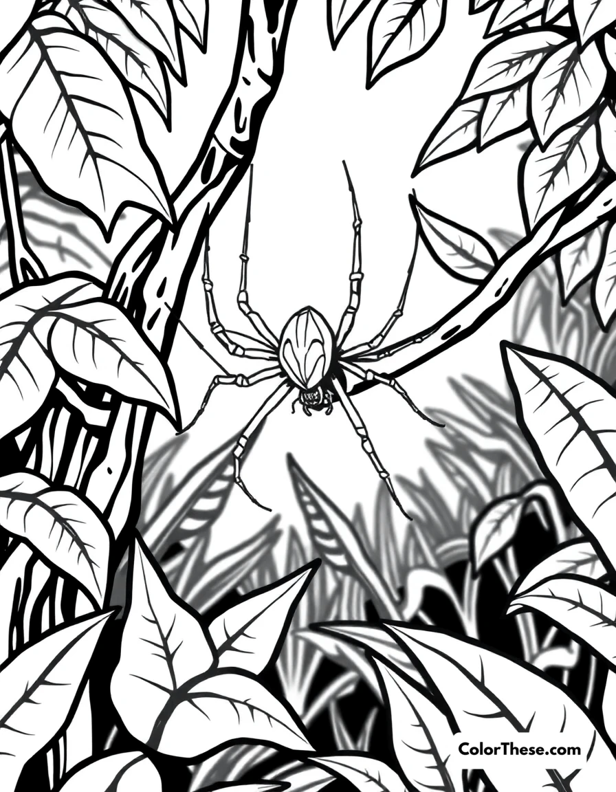 Free printable spider in a jungle coloring page for kids and adults. A spider crawling on a vine in a jungle.