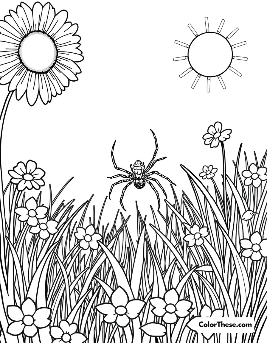 Free printable spider in a meadow coloring page for kids and adults. A spider crawling through a sunny meadow.