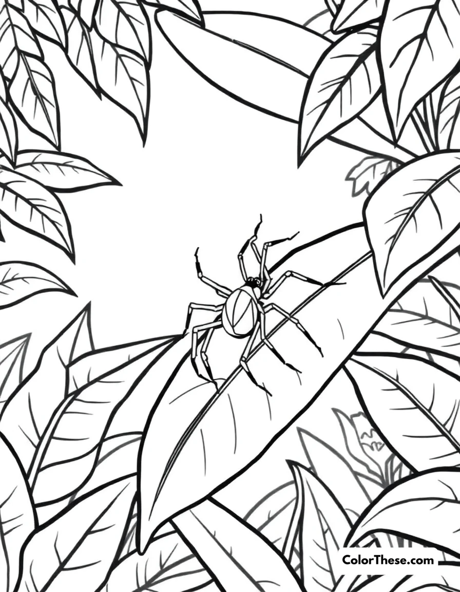 Free printable spider in a rainforest coloring page for kids and adults. A spider crawling on a leaf in a rainforest.