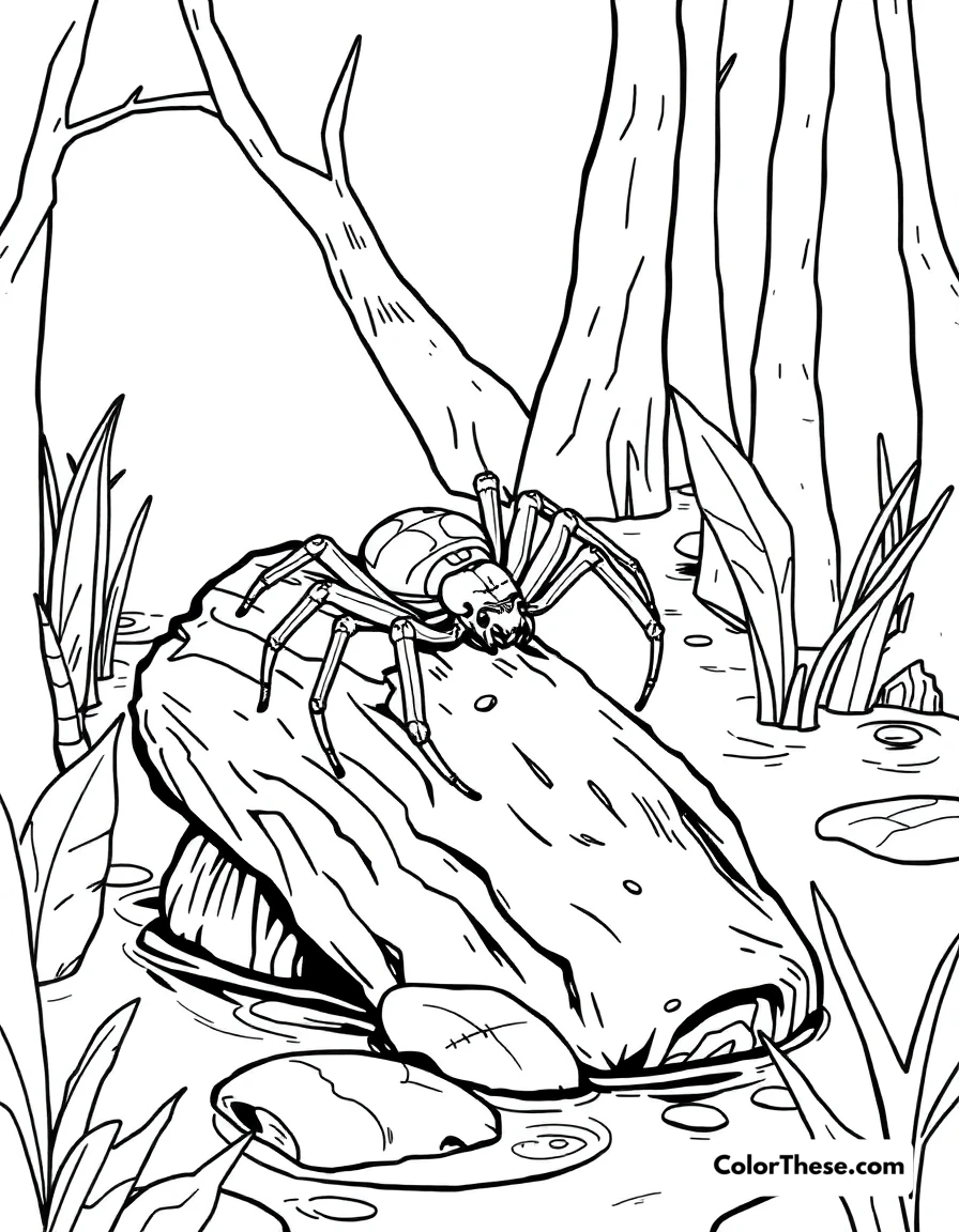 Free printable spider in a swamp coloring page for kids and adults. A spider crawling on a log in a swamp.