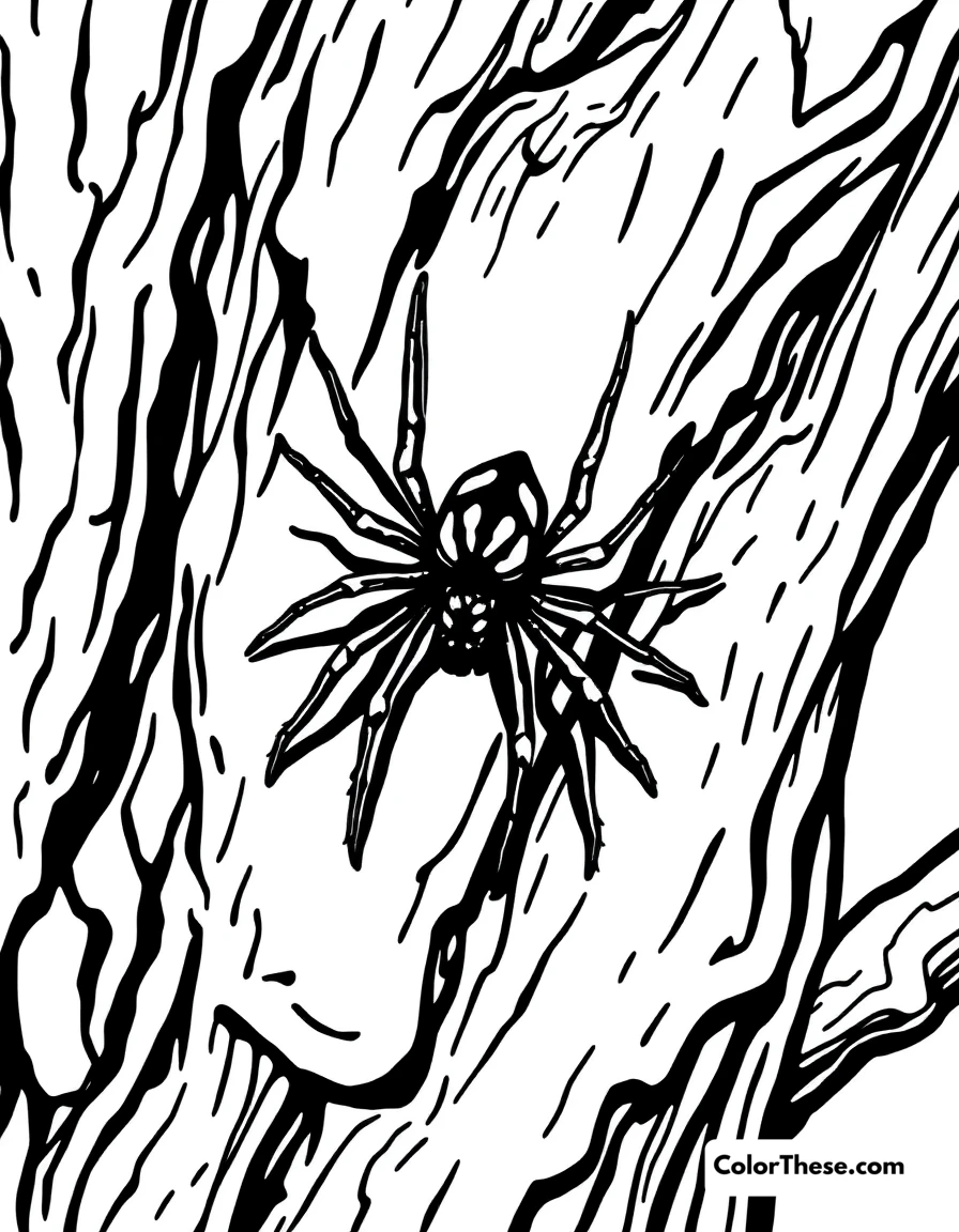 Free printable spider crawling on a tree coloring page for kids and adults. A spider crawling on the bark of a tree.