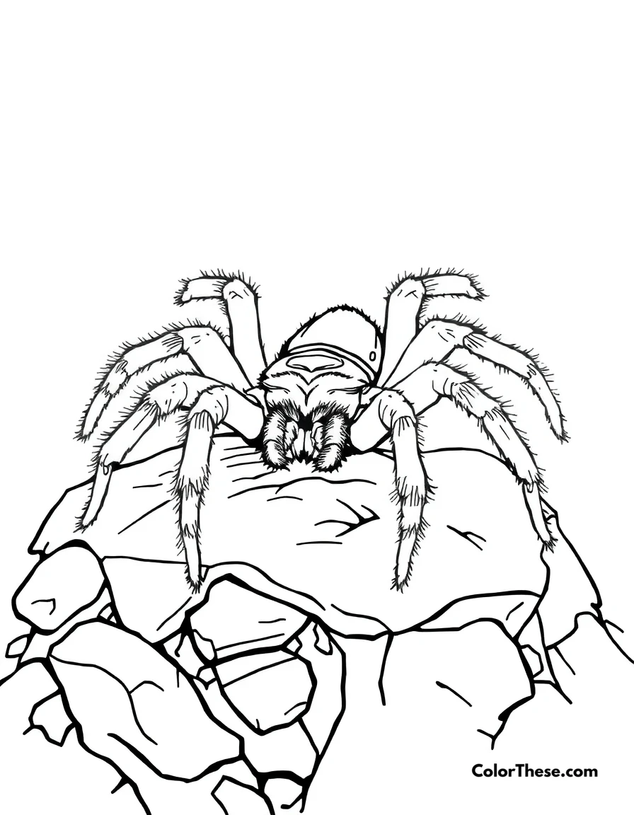 Free printable tarantula on a rock coloring page for kids and adults. A tarantula sitting on a rocky surface.
