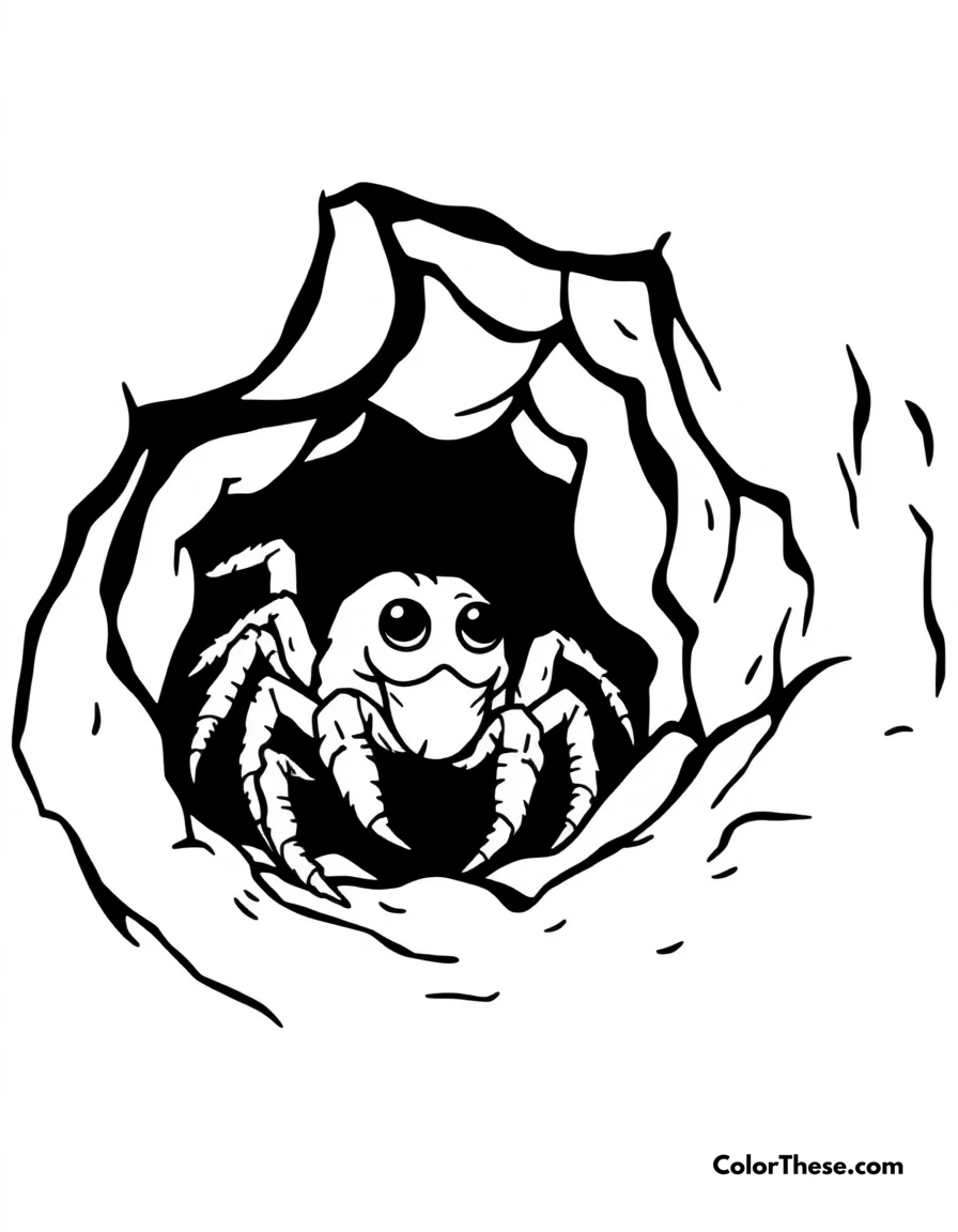 Free printable trapdoor spider in its burrow coloring page for kids and adults. A trapdoor spider peeking out of its burrow.