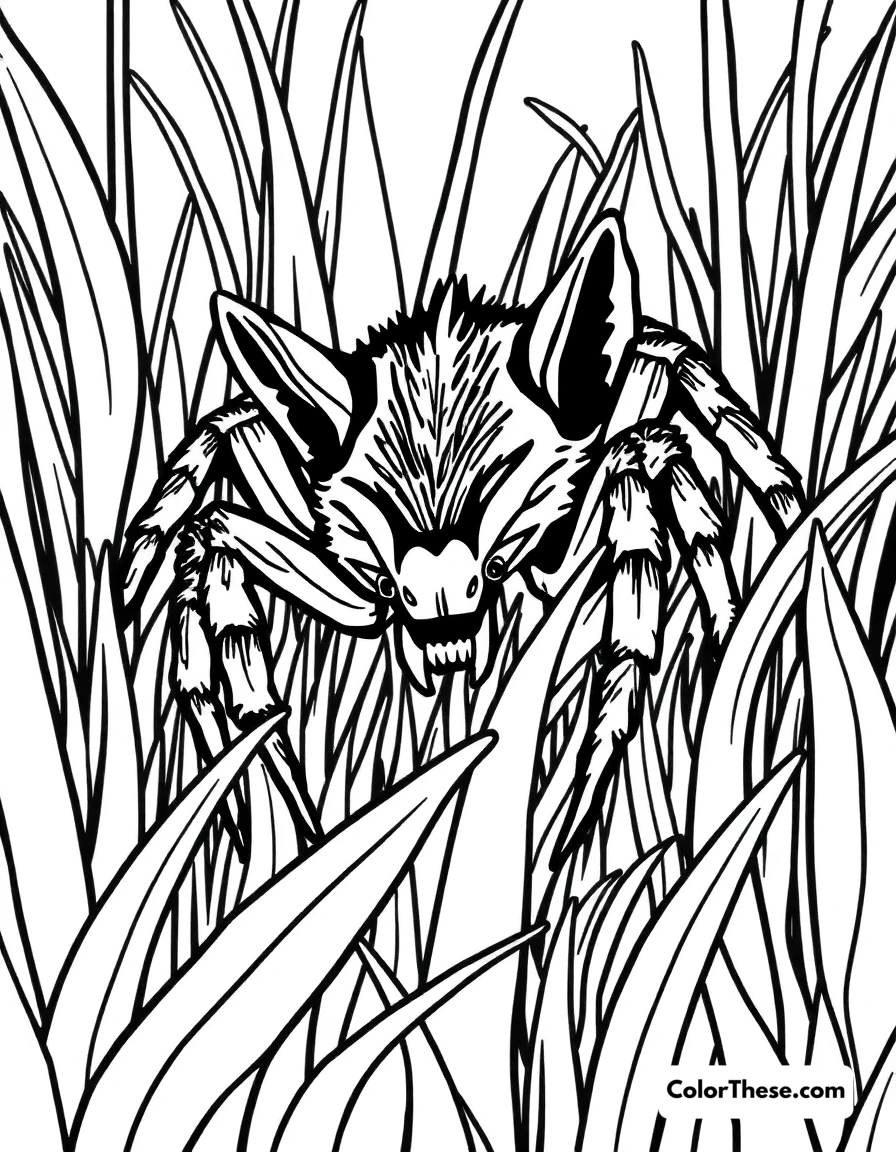 Free printable wolf spider in the grass coloring page for kids and adults. A wolf spider hiding in the grass.