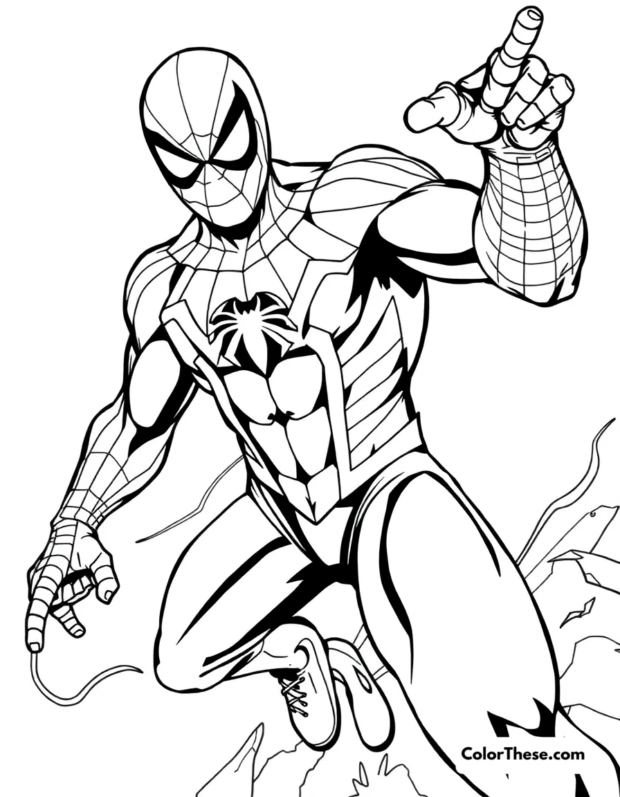 Free printable spiderman in action pose coloring page for kids and adults. Spiderman in a dynamic action pose, ready for battle.