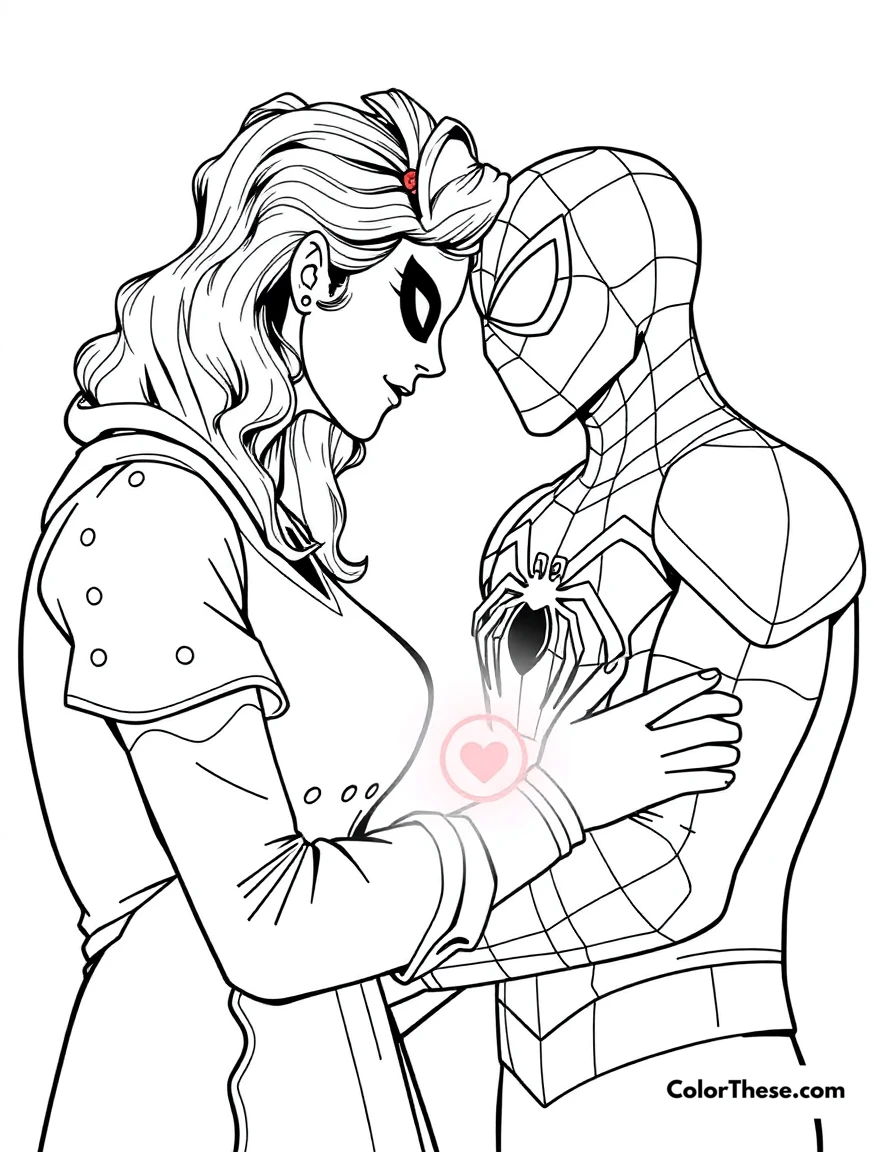 Free printable spiderman and aunt may coloring page for kids and adults. Spiderman and Aunt May in a heartwarming scene.