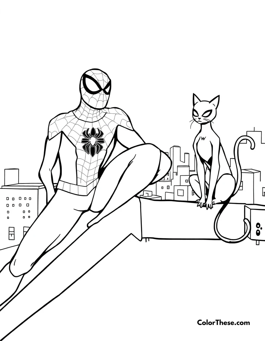 Free printable spiderman and black cat coloring page for kids and adults. Spiderman and Black Cat on a rooftop.