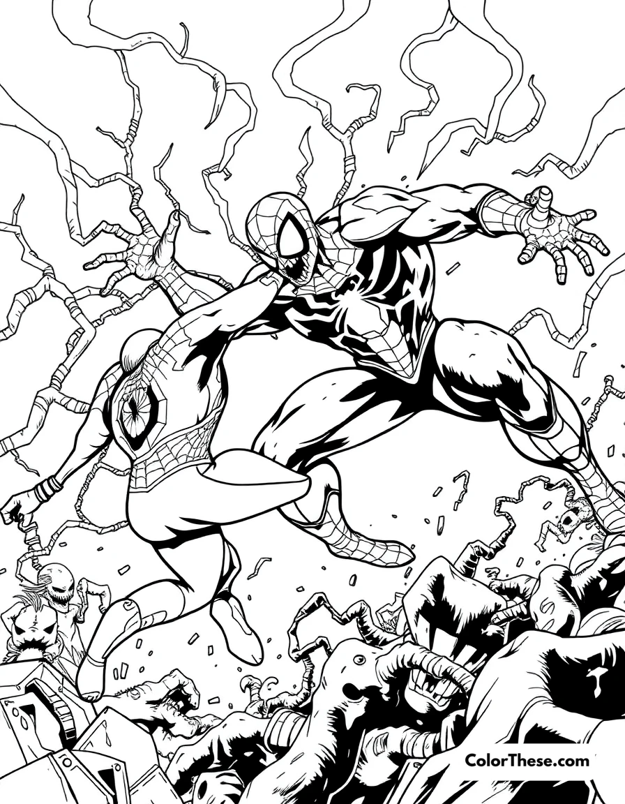 Free printable spiderman and carnage coloring page for kids and adults. Spiderman battling Carnage in a chaotic scene.