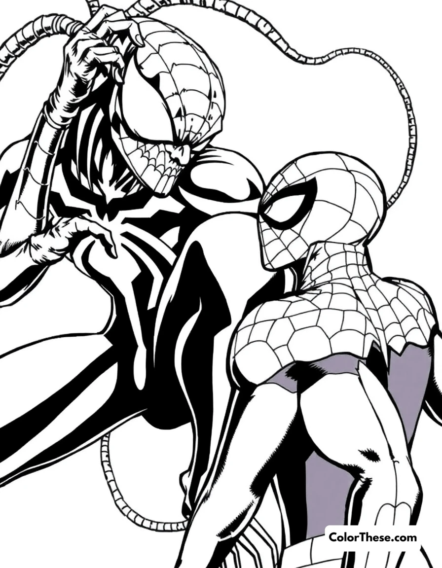 Free printable spiderman and chameleon coloring page for kids and adults. Spiderman facing Chameleon in a deceptive scene.