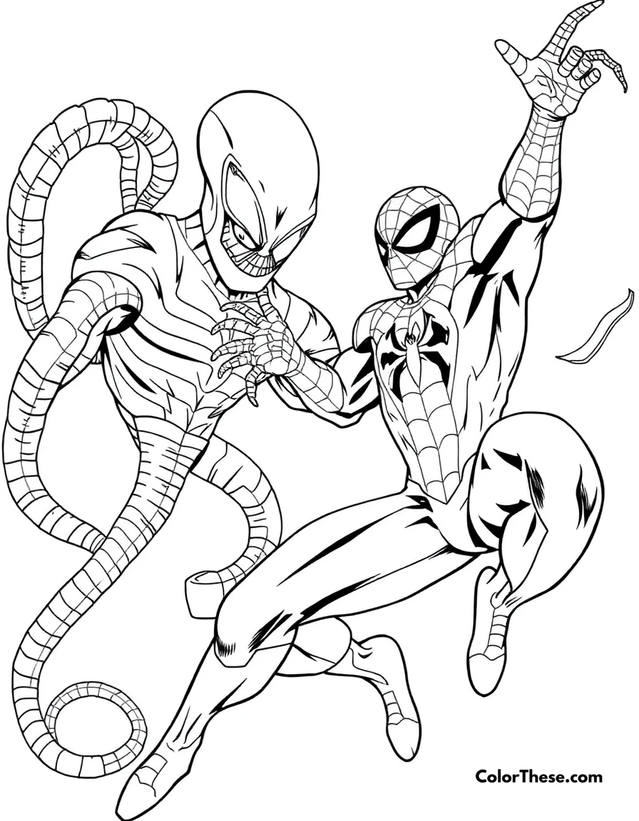 Free printable spiderman and doctor octopus coloring page for kids and adults. Spiderman battling Doctor Octopus.