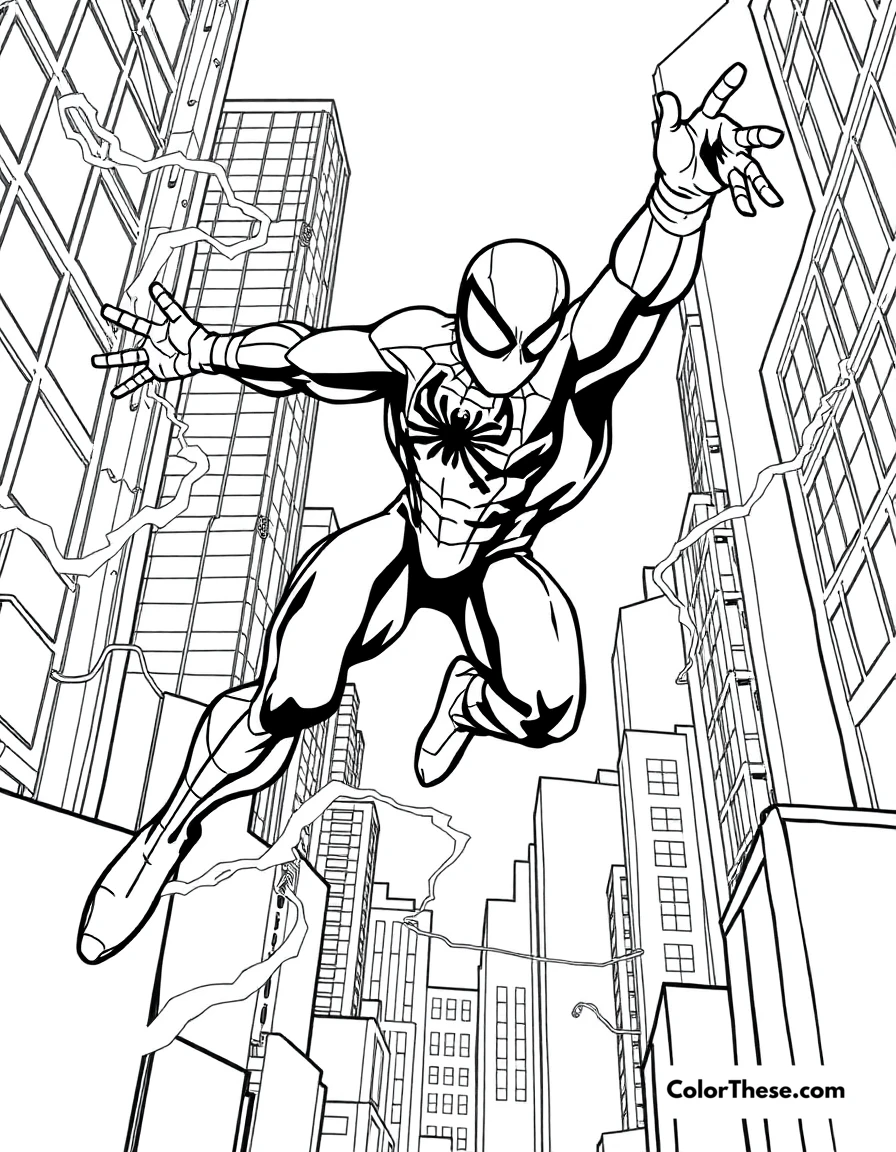 Free printable spiderman and electro coloring page for kids and adults. Spiderman battling Electro in the city.