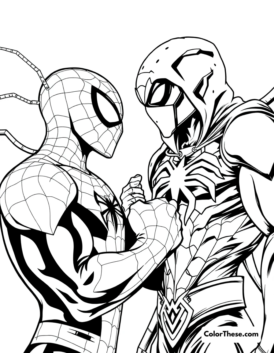 Free printable spiderman and green goblin coloring page for kids and adults. Spiderman facing off against the Green Goblin.