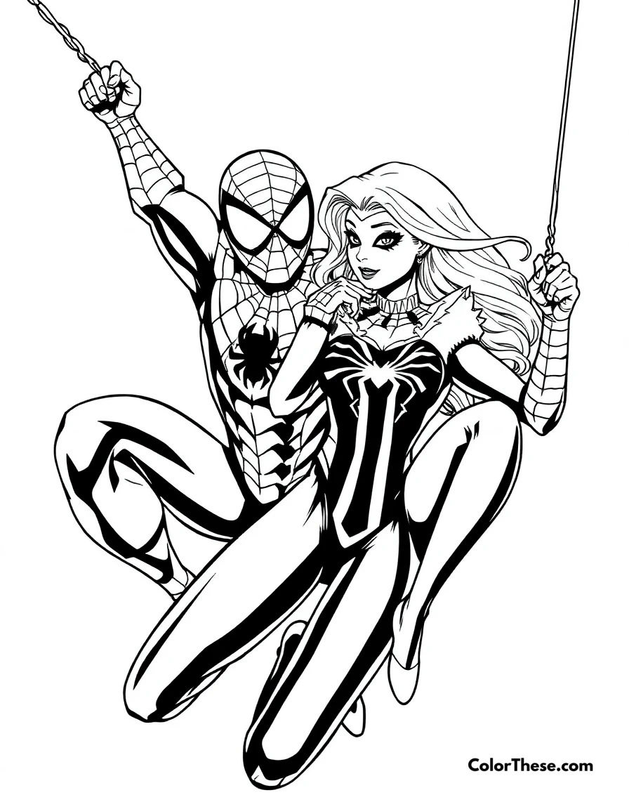 Free printable spiderman and gwen stacy coloring page for kids and adults. Spiderman and Gwen Stacy swinging together.