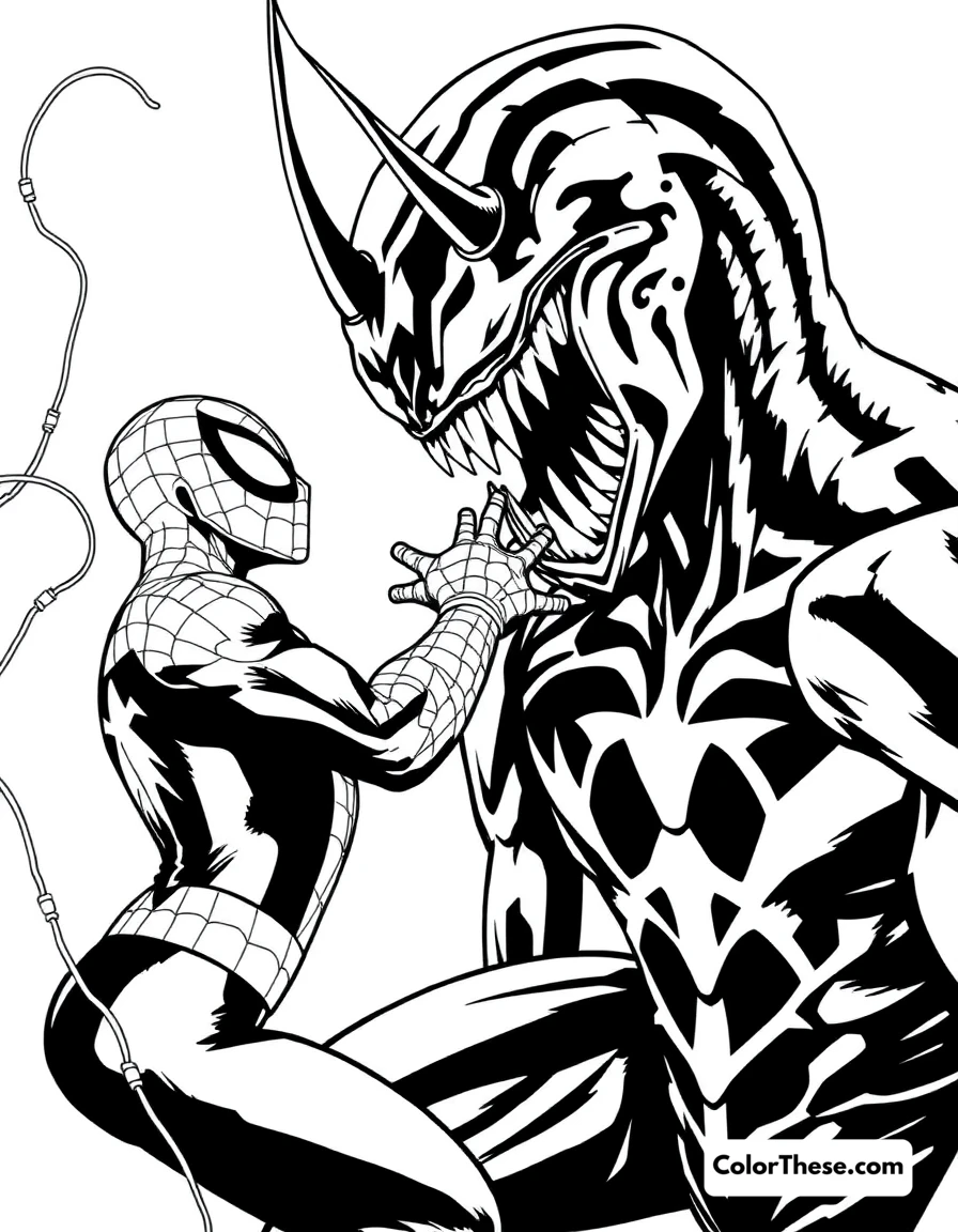 Free printable spiderman and hammerhead coloring page for kids and adults. Spiderman facing Hammerhead in a dramatic scene.