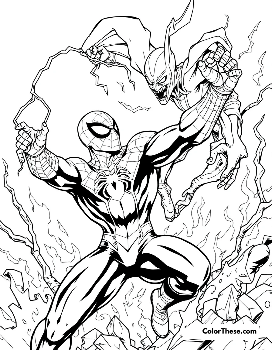 Free printable spiderman and hobgoblin coloring page for kids and adults. Spiderman battling Hobgoblin in a fiery scene.