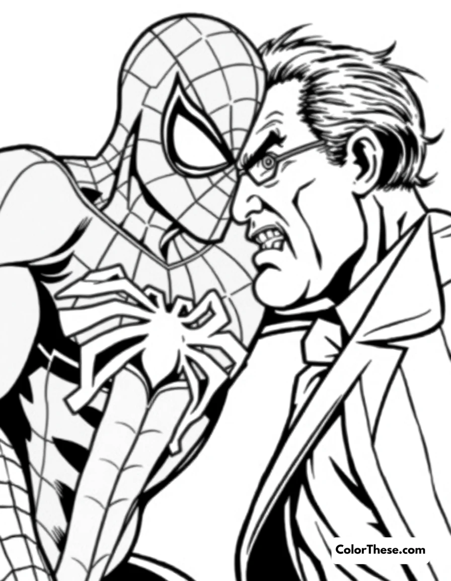 Free printable spiderman and j. jonah jameson coloring page for kids and adults. Spiderman and J. Jonah Jameson in a confrontational scene.