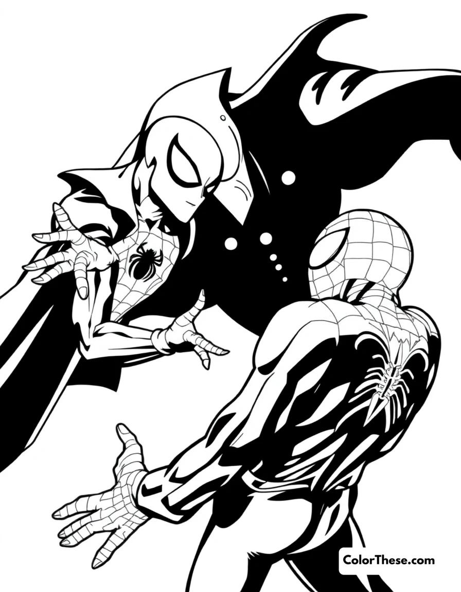 Free printable spiderman and kingpin coloring page for kids and adults. Spiderman confronting Kingpin in a dramatic scene.