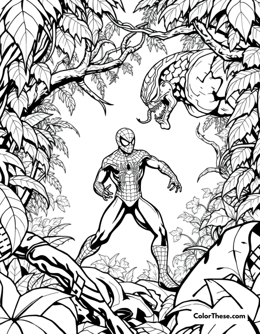 Free printable spiderman and kraven the hunter coloring page for kids and adults. Spiderman facing Kraven the Hunter in a jungle scene.